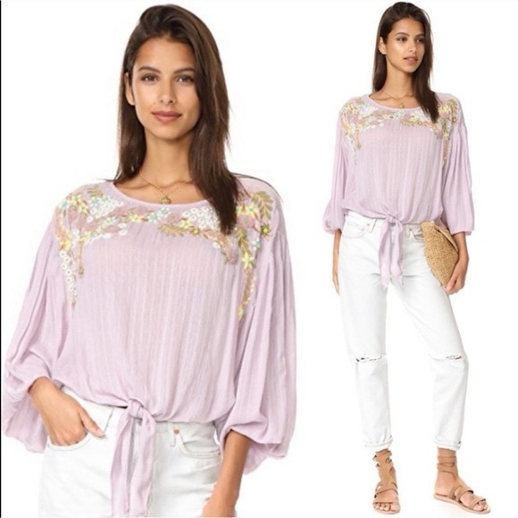 Free People Tops - Free People size XS Up And Away Embroidered Lavender Bat Wing Blouse